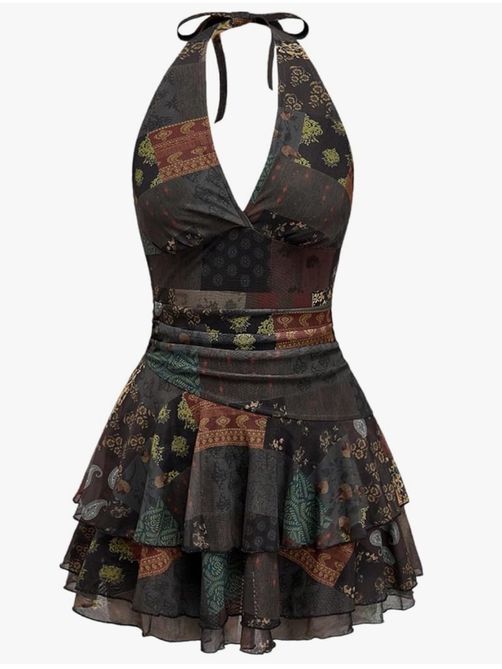 Vintage halter deep v neck ruffle mini dress